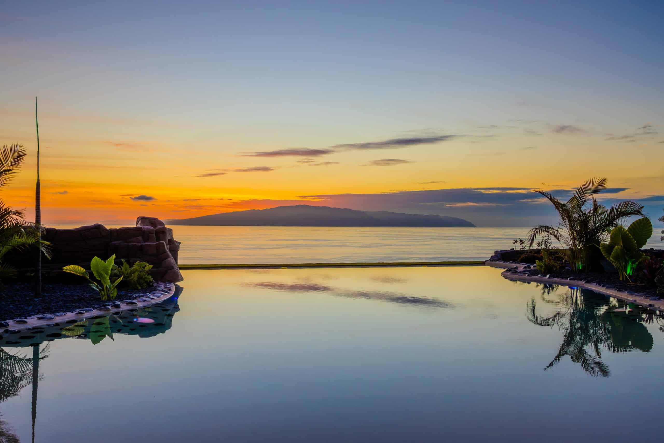 Infinity pool at Finca Alaya at sunset
